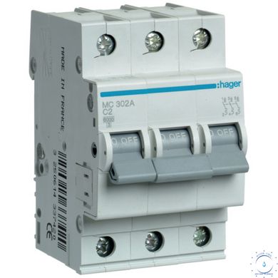 Автоматичний вимикач Hager MC302A 3-полюсний 6kA In=2А тип C ap8507 фото