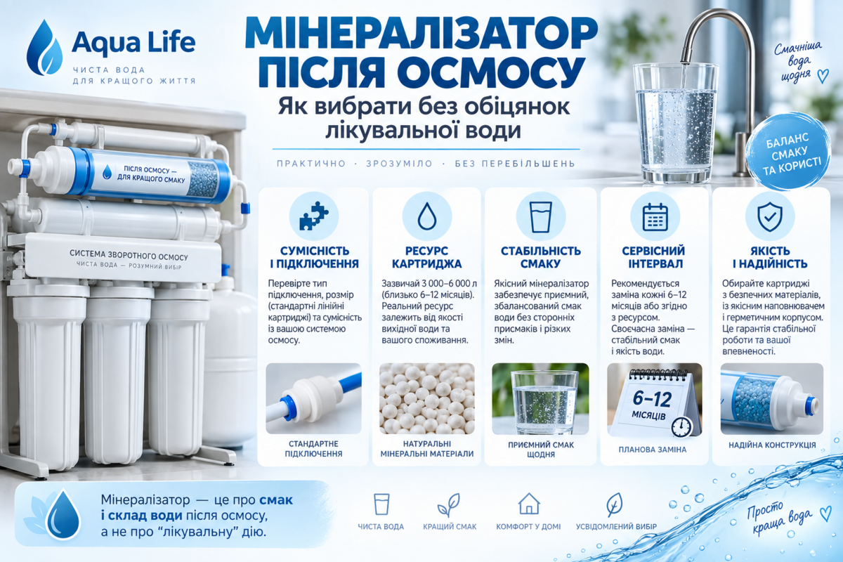 Мінералізатор після осмосу: як вибрати без обіцянок лікувальної води