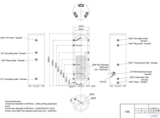 Бойлер косвенного нагрева Aquajoy Duplex Tank D2205 150L с ТЭН (150 л, 3 кВт) 42844 фото