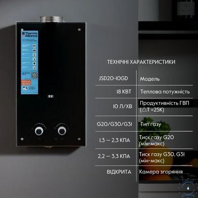 Колонка газовая дымоходная Thermo Alliance JSD20-10GD 10 л панель из стекла Black SD00030725 фото