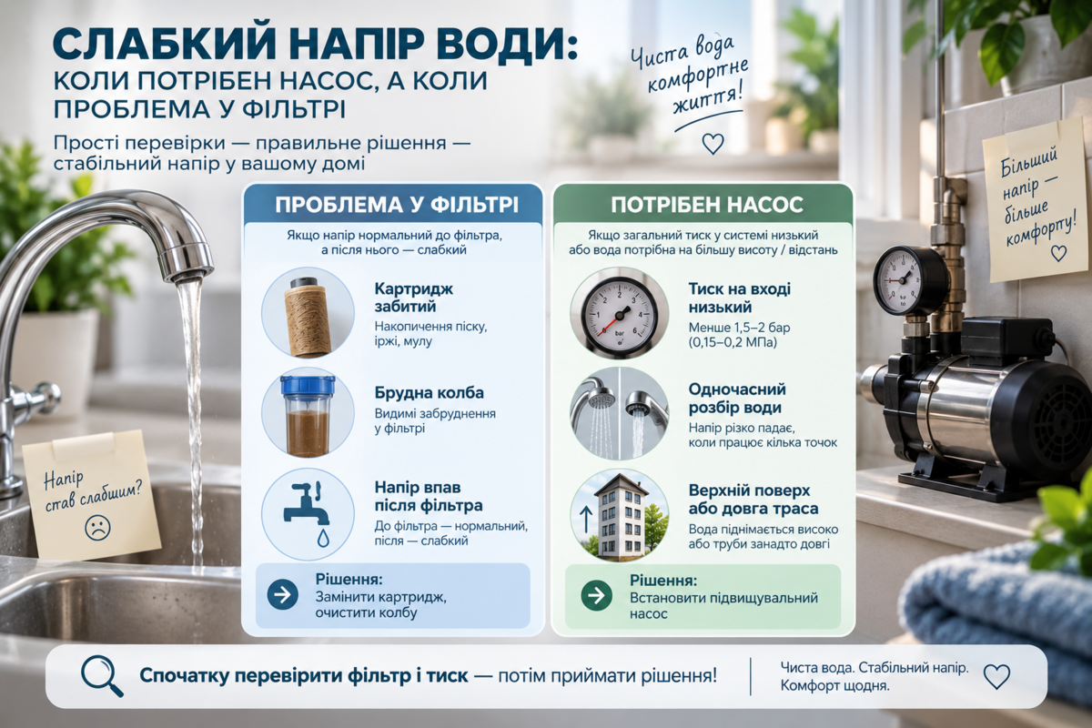 Слабкий напір води: коли потрібен насос, а коли проблема у фільтрі